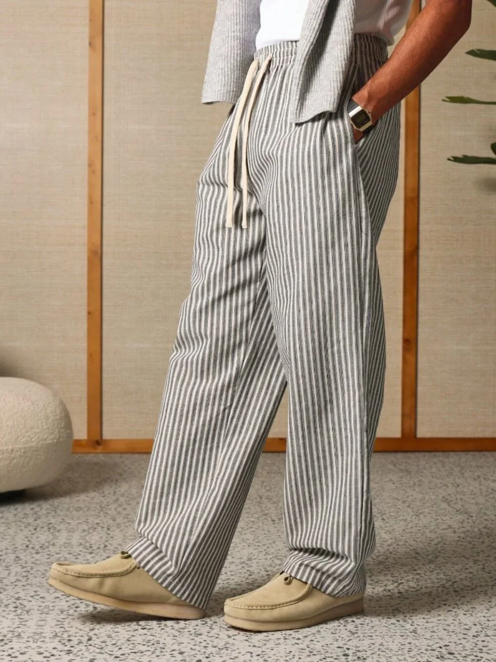 Grey Striped Men's Loose Elastic Waist Straight Lounge Pants